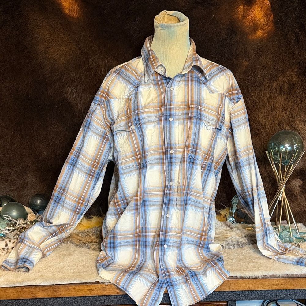 Roper Men's Plaid Shirt - Blue and Tan L (3975)